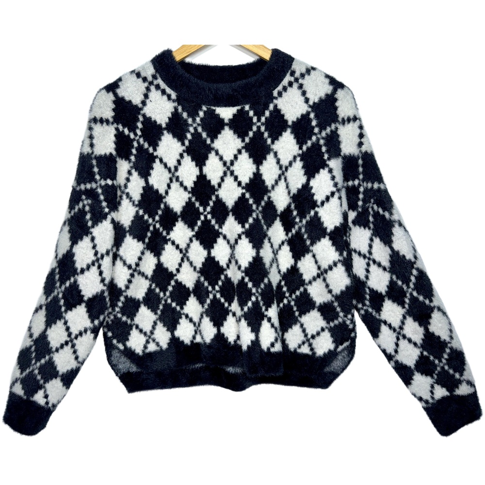 Abercrombie & Fitch Soft AF White Black Argyle Fuzzy Knit Crew Neck Sweater Sz L